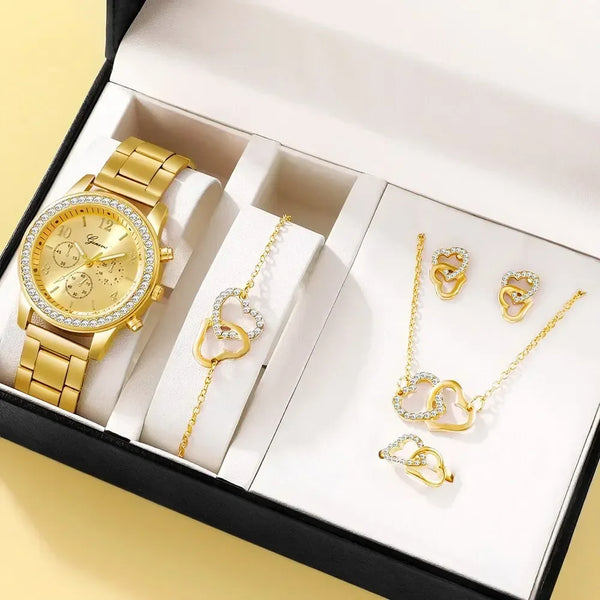 6 pçs conjunto moda relógio de pulso casual senhoras pulseira relógios rosa ouro luxo relógio feminino anel colar brinco strass