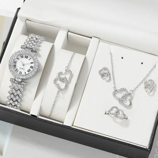 6 pçs conjunto moda relógio de pulso casual senhoras pulseira relógios rosa ouro luxo relógio feminino anel colar brinco strass